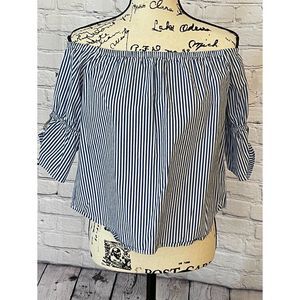 Ambiance Women’s Blue/White Striped Off Shoulder Blouse (Size L)